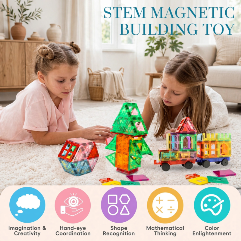 106/136pcs Magnetic Building Blocks with 2 Cars Suitable for Kids Boys & Girls, STEM Construction Toys with Magnetic Base Plates & Car Magnets, Educational Building Blocks for Birthday Gifts, for 3+ Years, for 4 5 6 7 8 9+ 3 Two young girls playing on a rug with the 106 pcs Magnetic Building Blocks with 2 Cars, featuring educational STEM icons at the bottom.