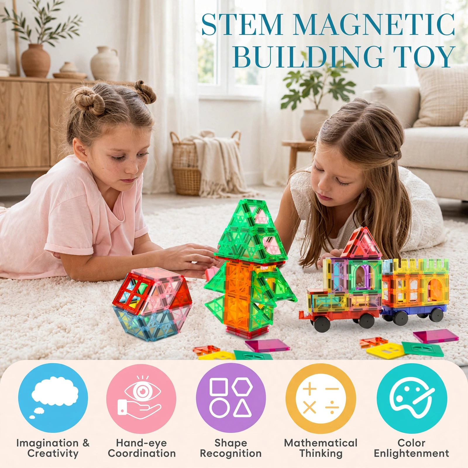 106/136pcs Magnetic Building Blocks with 2 Cars Suitable for Kids Boys & Girls, STEM Construction Toys with Magnetic Base Plates & Car Magnets, Educational Building Blocks for Birthday Gifts, for 3+ Years, for 4 5 6 7 8 9+ 18 Two young girls playing on a rug with the 106 pcs Magnetic Building Blocks with 2 Cars, featuring educational STEM icons at the bottom.
