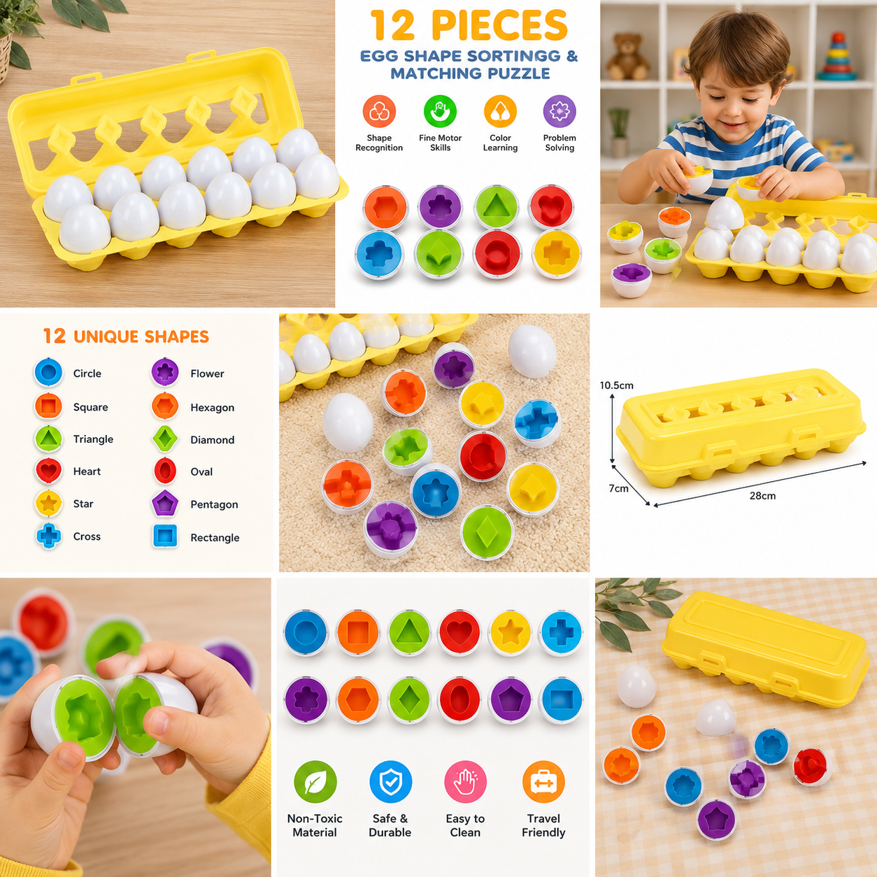 6/12pcs Pieces Plastic Egg Shape Sorting & Matching Puzzle - Egg Cell Suitable for Preschool Shape Recognition, Fine Motor Skills Activity for Boys & Girls, Travel-Friendly Egg Classificatory Games 12 Young toddler intently focused on matching the halves of a Pieces Plastic Egg Shape Sorting toy at a wooden table.