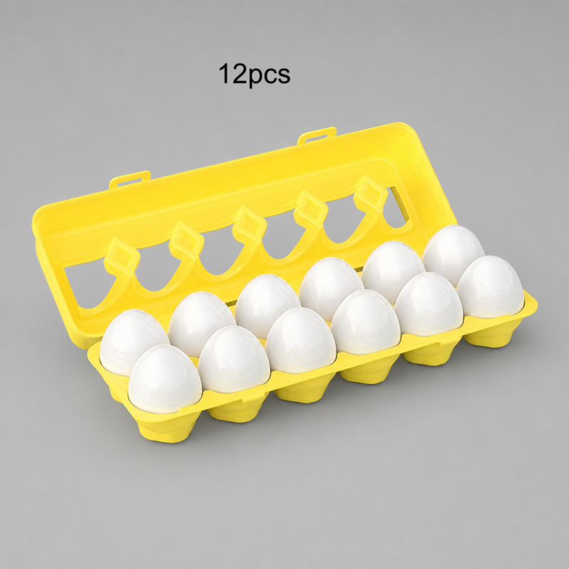 6/12pcs Pieces Plastic Egg Shape Sorting & Matching Puzzle - Egg Cell Suitable for Preschool Shape Recognition, Fine Motor Skills Activity for Boys & Girls, Travel-Friendly Egg Classificatory Games 6 Close-up view of a child's hands holding the open halves of a Pieces Plastic Egg Shape Sorting toy, showing the yellow triangle and star shapes.