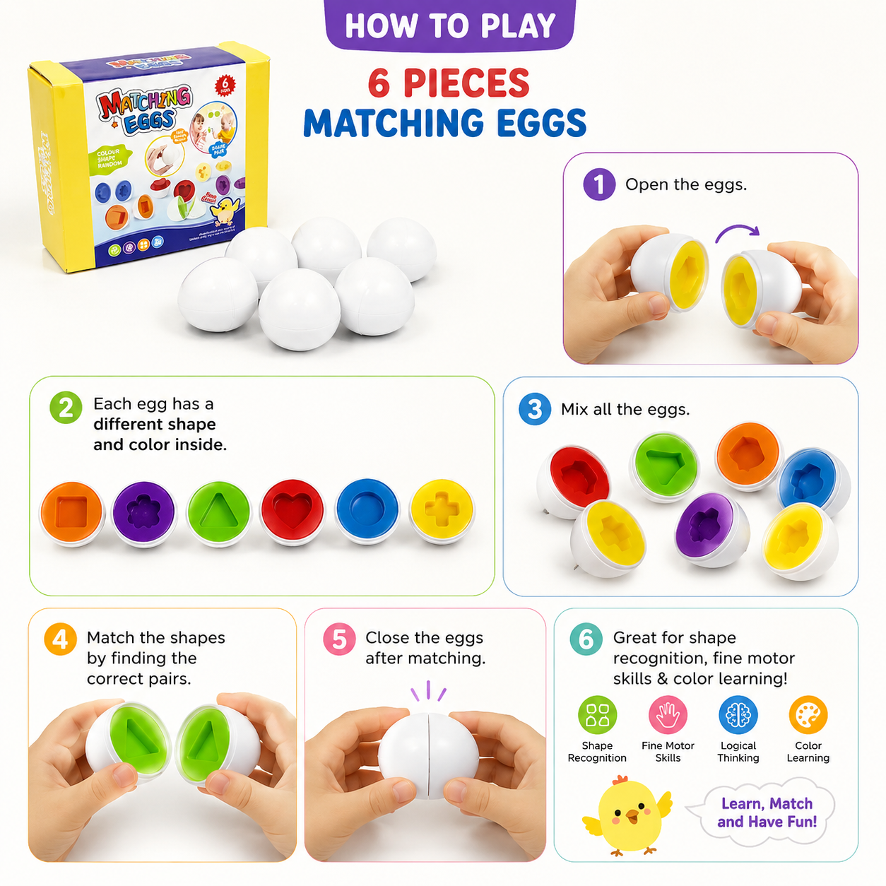 6/12pcs Pieces Plastic Egg Shape Sorting & Matching Puzzle - Egg Cell Suitable for Preschool Shape Recognition, Fine Motor Skills Activity for Boys & Girls, Travel-Friendly Egg Classificatory Games 11 Top-down view of 12 Pieces Plastic Egg Shape Sorting toys arranged in rows on a white surface with a yellow tray underneath.