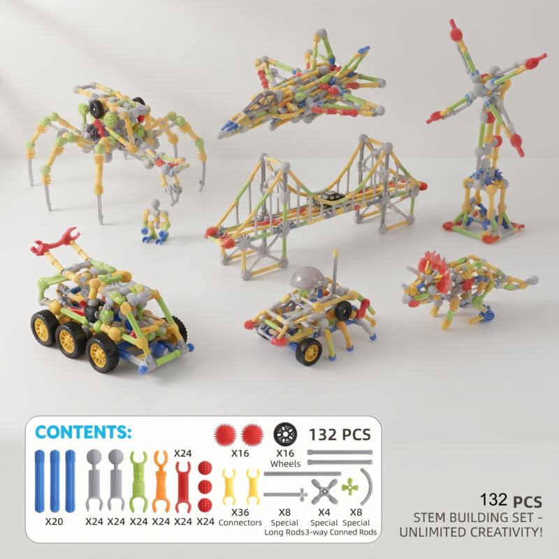 132pcs Kids STEM Building Toys for 3+ Year Old Boy Girl Birthday Gift, Educational Building Blocks Stem Kits Activities Engineering Creative Games, Ideal Christmas Birthday Gifts 7 Advanced engineering structures built with Kids STEM Building Toys including a suspension bridge, fighter jet, and dinosaur