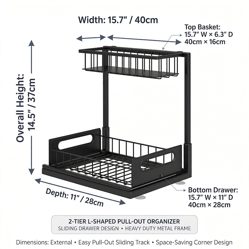 reliable Metal Under Sink Organizers, Pull Out Under Sink Storage Shelves with Sliding Drawer for Kitchen, Bathroom (1pack/2pack) 63 Infographic showing overall height, depth, and basket dimensions for the black 1pack Metal Under Sink Organizers.