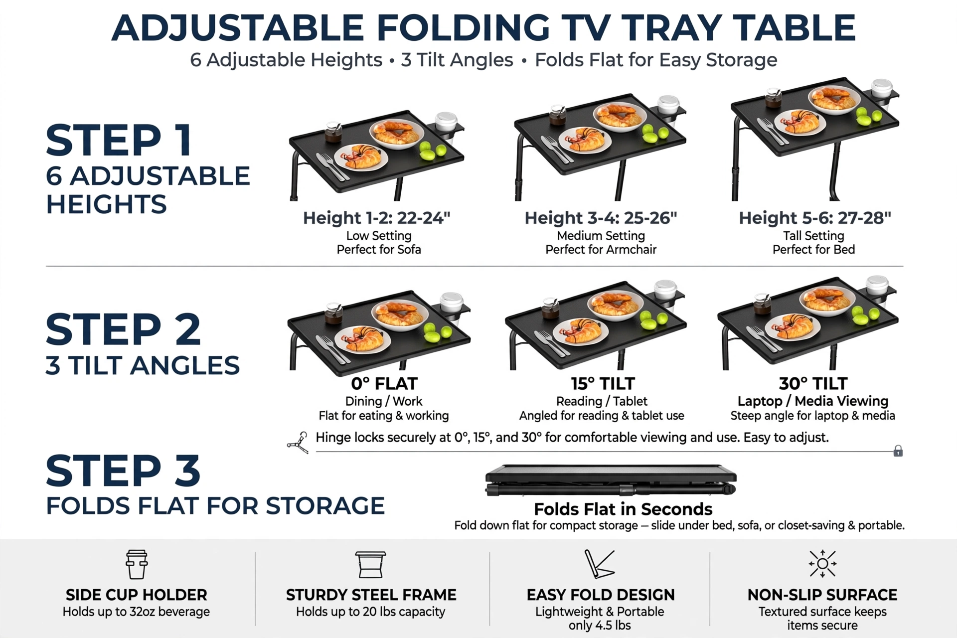 Big 2-Pack/ 1-Pack Adjustable Folding Table - TV Tray Table, 6 Adjustable Heights, 3 Tilt Angles, Suitable for Food Service Furniture And Restaurant Multifunctional Dining Table 20 An infographic displaying the six height settings three tilt angles and flat folding capability of the 1pc upgrade Adjustable Folding Table