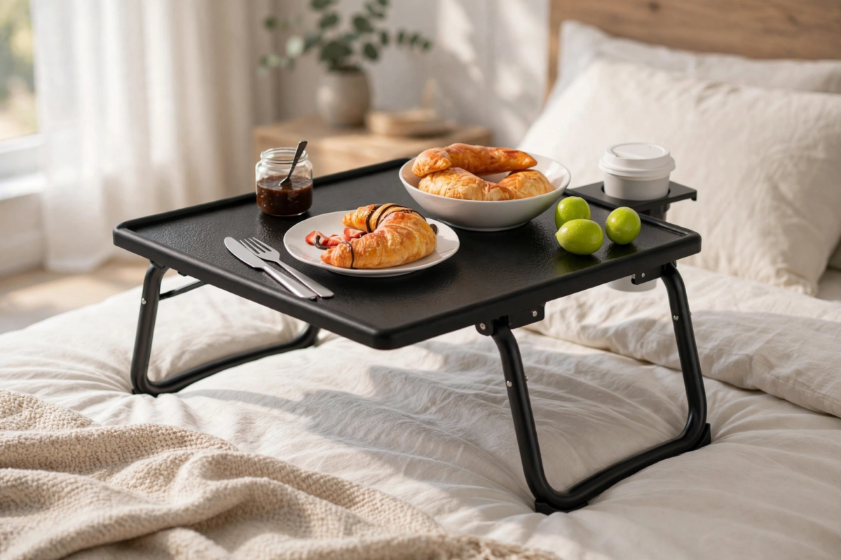 Big 2-Pack/ 1-Pack Adjustable Folding Table - TV Tray Table, 6 Adjustable Heights, 3 Tilt Angles, Suitable for Food Service Furniture And Restaurant Multifunctional Dining Table 3 A breakfast setup with croissants and coffee on the black 1pc upgrade Adjustable Folding Table resting on a cozy white bed