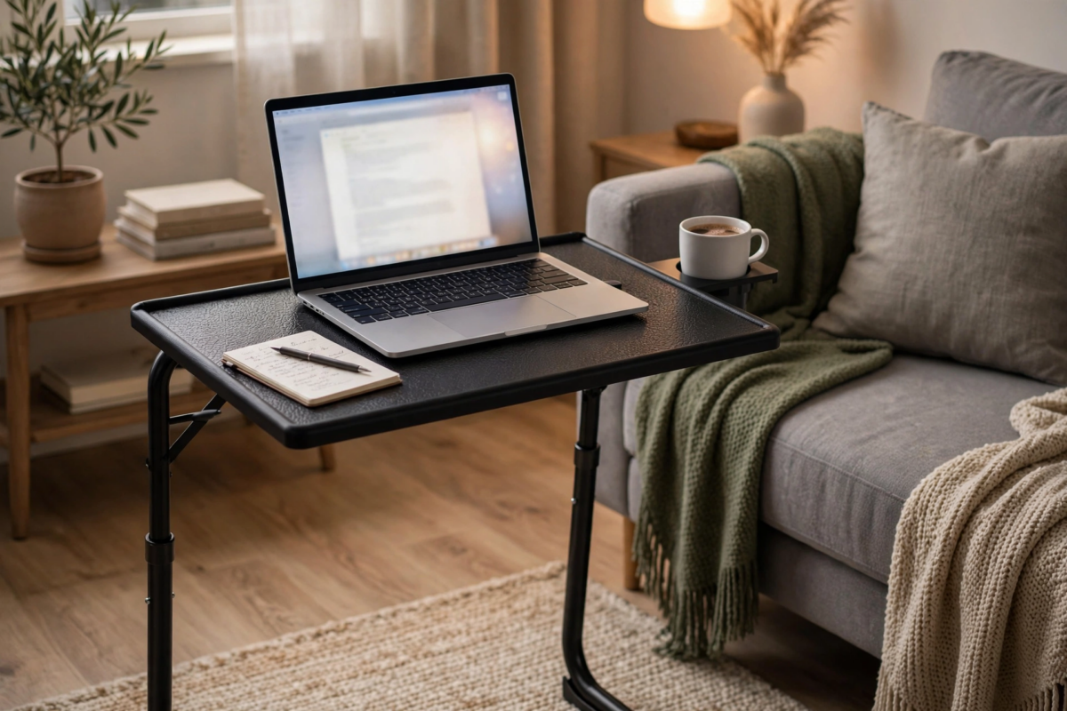 Big 2-Pack/ 1-Pack Adjustable Folding Table - TV Tray Table, 6 Adjustable Heights, 3 Tilt Angles, Suitable for Food Service Furniture And Restaurant Multifunctional Dining Table 4 An open laptop and a notebook resting on the black 1pc upgrade Adjustable Folding Table positioned next to a comfortable living room sofa