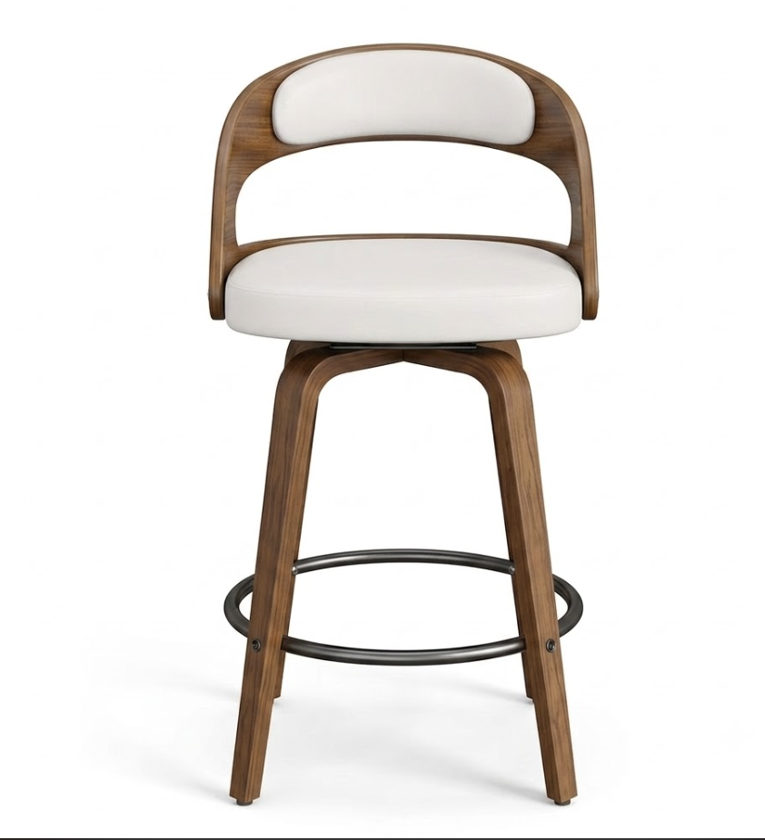 useful Swivel Bar Stools Set Of 2 Seat, Set Of 1 And 4 Seat, Adjustable Height 24.5-33.5in, Wooden Barstools PU Leather Upholstered Bar Chairs with Back & Footrest for Bar Kitchen Dining Room 2 Walnut wood swivel Bar Stools set of 1 and 2 seat with cream white faux leather upholstery and circular footrest.