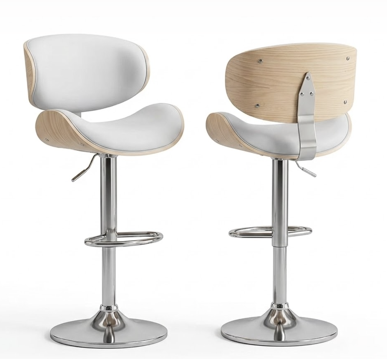 useful Swivel Bar Stools Set Of 2 Seat, Set Of 1 And 4 Seat, Adjustable Height 24.5-33.5in, Wooden Barstools PU Leather Upholstered Bar Chairs with Back & Footrest for Bar Kitchen Dining Room 3 A pair of white color bar stools set of 1 and 2 seat options displaying one stool from the front and another from the back to highlight the light natural wood veneer casing and shiny chrome hydraulic frame