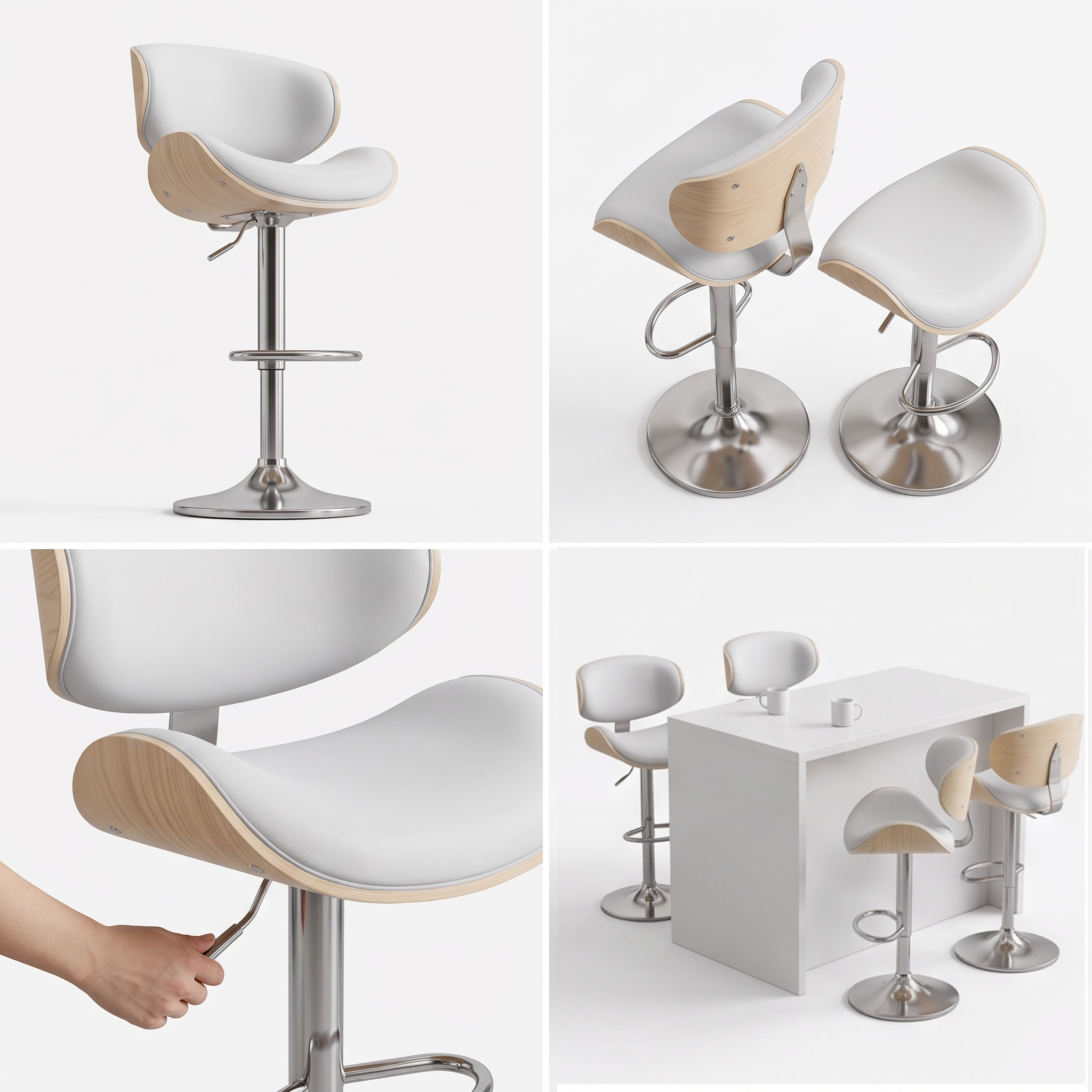 useful Swivel Bar Stools Set Of 2 Seat, Set Of 1 And 4 Seat, Adjustable Height 24.5-33.5in, Wooden Barstools PU Leather Upholstered Bar Chairs with Back & Footrest for Bar Kitchen Dining Room 4 A 4 panel presentation grid for white color bar stools set of 1 and 2 seat items displaying individual profiles top down angles a hand adjusting the height mechanism and a real world dining setup at a matching white island counter