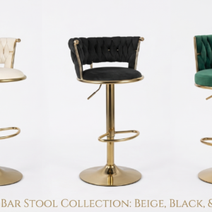Three Mrali swivel woven velvet bar stools in beige, black, and green colors with gold pedestal bases lined up against a clean white background.