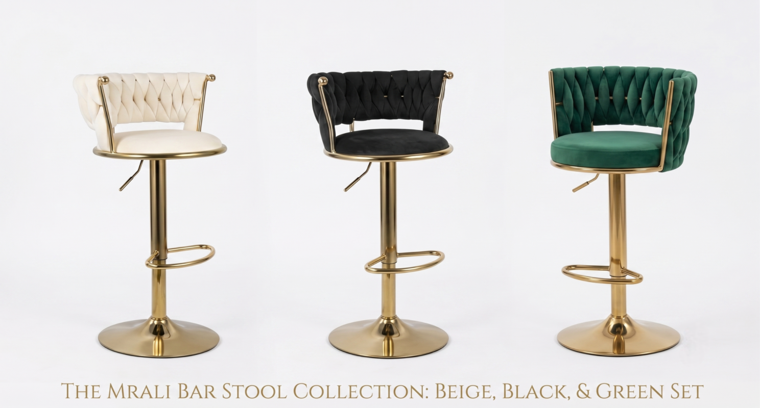 2pcs/4pcs Modern Swivel Woven Velvet Bar Stools, Stool, 360° Swivel Adjustable Height Bar Stool with Backs Golden Metal Tall Bar Stools Counter Height for Kitchen Island, for Christmas, Festival, New Year'S Gift 12 Three Mrali swivel woven velvet bar stools in beige, black, and green colors with gold pedestal bases lined up against a clean white background.