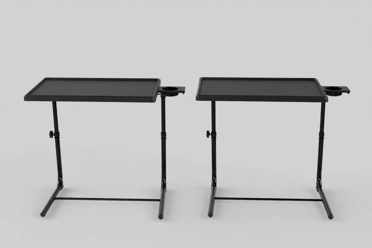 Big 2-Pack/ 1-Pack Adjustable Folding Table - TV Tray Table, 6 Adjustable Heights, 3 Tilt Angles, Suitable for Food Service Furniture And Restaurant Multifunctional Dining Table 5 A clear front view of the black 2pcs upgrade Adjustable Folding Table set featuring side cup holders on a solid background