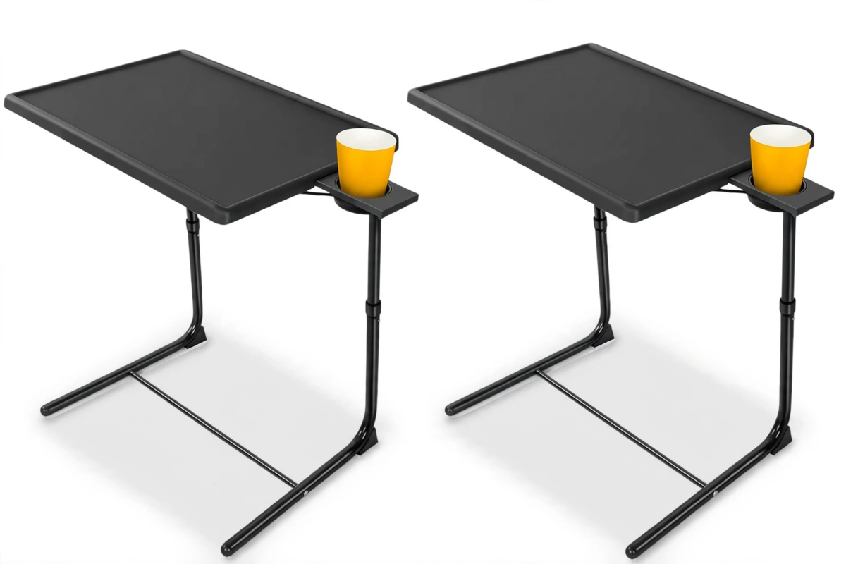 Big 2-Pack/ 1-Pack Adjustable Folding Table - TV Tray Table, 6 Adjustable Heights, 3 Tilt Angles, Suitable for Food Service Furniture And Restaurant Multifunctional Dining Table 7 Two black tables from the 2pcs upgrade Adjustable Folding Table set shown side by side holding bright yellow cups in their holders