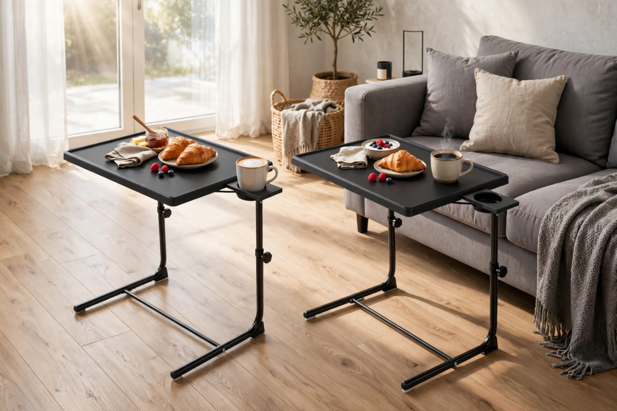 Big 2-Pack/ 1-Pack Adjustable Folding Table - TV Tray Table, 6 Adjustable Heights, 3 Tilt Angles, Suitable for Food Service Furniture And Restaurant Multifunctional Dining Table 8 A sunny living room setup where the 2pcs upgrade Adjustable Folding Table set holds breakfast pastries and coffee next to a comfortable gray sofa