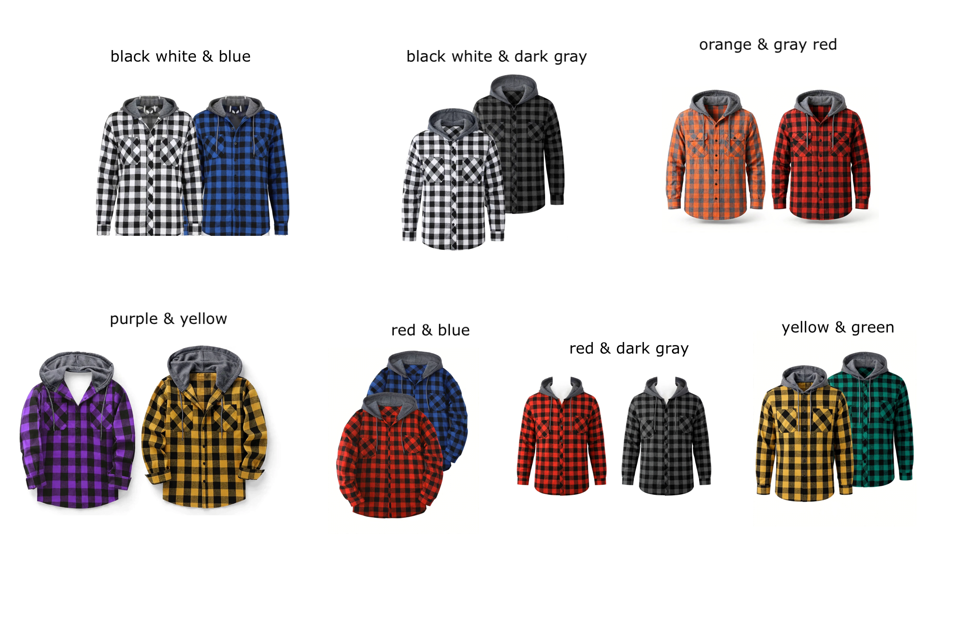 2pcs Men's New York Fashion Trendy Plaid Shirt Hoodie, Plaid Pullover Sweatshirt Flannel Hoodie 34 Fashion Trendy Plaid Shirt Hoodie A collage of ten images displaying fashion trendy plaid shirt hoodies in various color combinations against a white background.