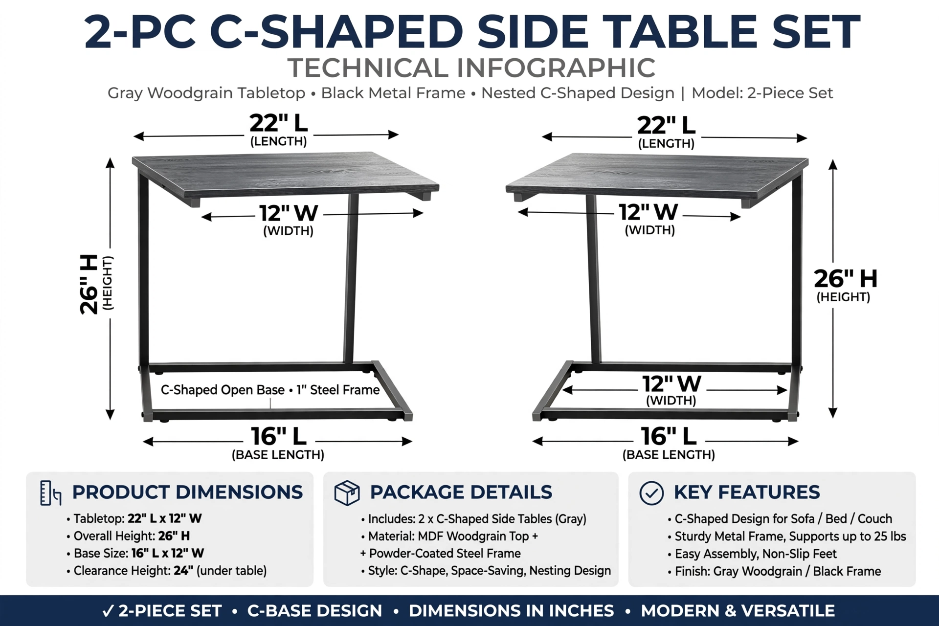 Big 2-Pack/ 1-Pack Adjustable Folding Table - TV Tray Table, 6 Adjustable Heights, 3 Tilt Angles, Suitable for Food Service Furniture And Restaurant Multifunctional Dining Table 19 An infographic detailing the dimensions and features of the 2pcs gray Adjustable Folding Table set showing its length width and height