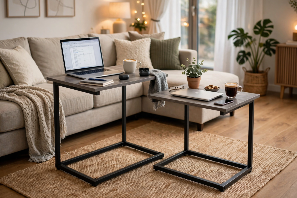Big 2-Pack/ 1-Pack Adjustable Folding Table - TV Tray Table, 6 Adjustable Heights, 3 Tilt Angles, Suitable for Food Service Furniture And Restaurant Multifunctional Dining Table 9 A bright living room setting where the 2pcs gray Adjustable Folding Table set is used as laptop workspaces and coffee tables near a beige sofa