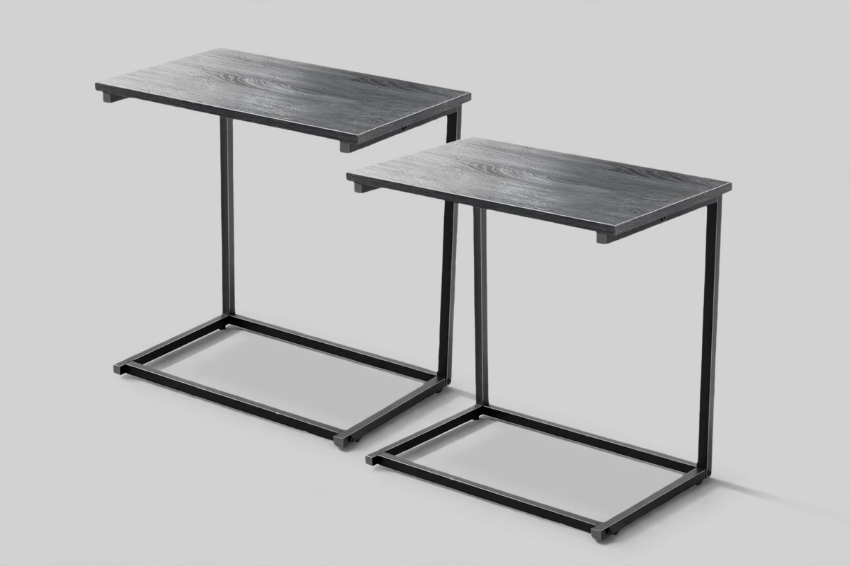 Big 2-Pack/ 1-Pack Adjustable Folding Table - TV Tray Table, 6 Adjustable Heights, 3 Tilt Angles, Suitable for Food Service Furniture And Restaurant Multifunctional Dining Table 10 A clear front angle view of the matching 2pcs gray Adjustable Folding Table set displaying their woodgrain tops and black metal frames