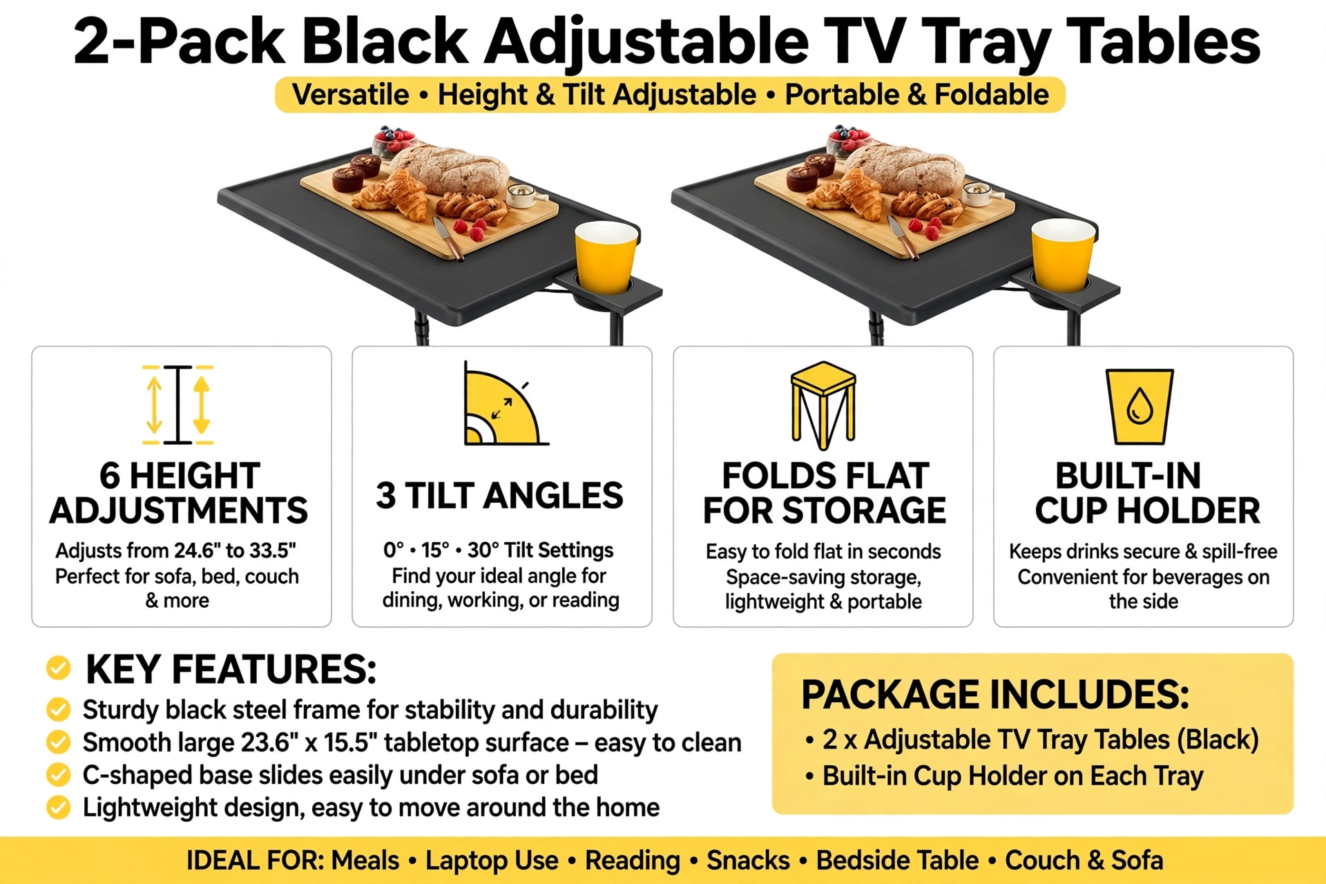 Big 2-Pack/ 1-Pack Adjustable Folding Table - TV Tray Table, 6 Adjustable Heights, 3 Tilt Angles, Suitable for Food Service Furniture And Restaurant Multifunctional Dining Table 18 Infographic detailing the specifications and features of the 2pcs upgrade Adjustable Folding Table bundle