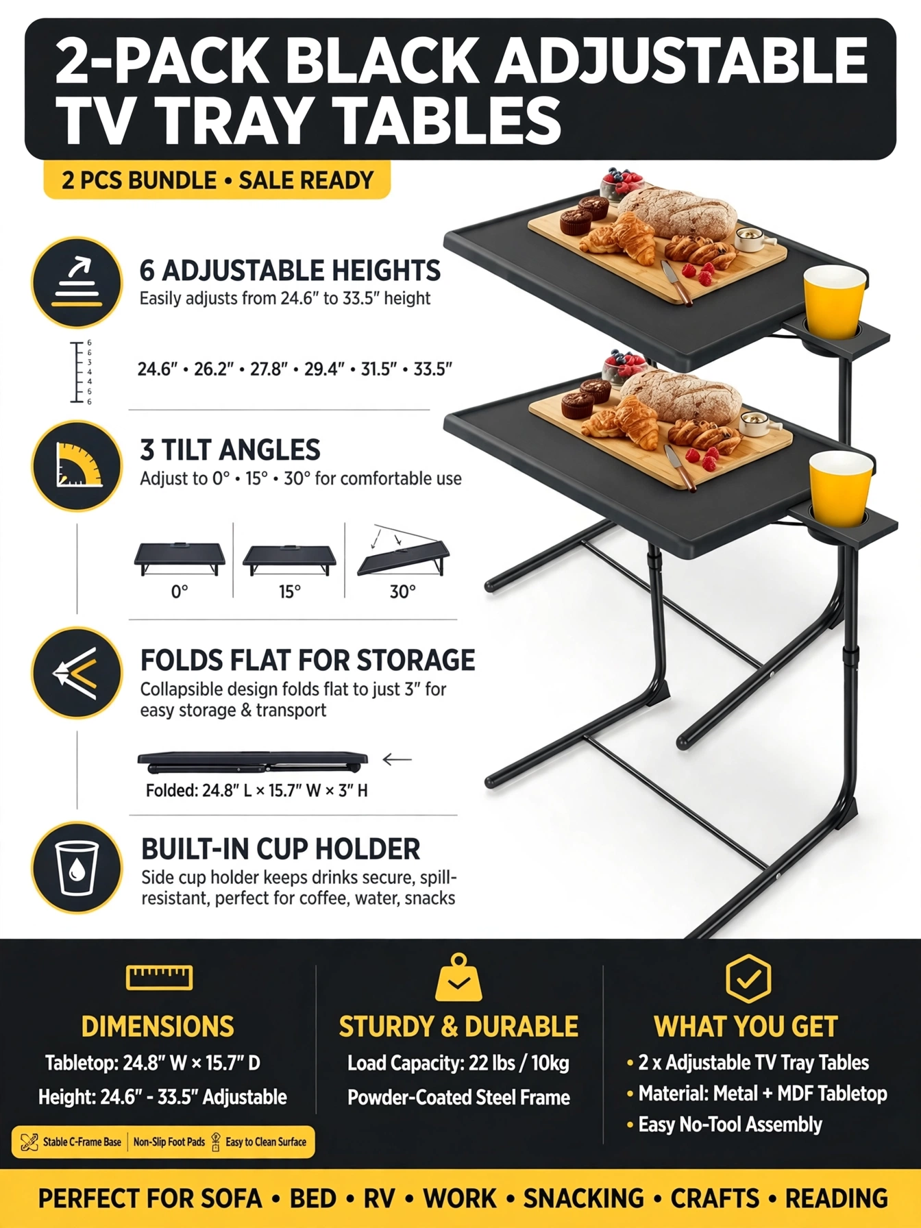 Big 2-Pack/ 1-Pack Adjustable Folding Table - TV Tray Table, 6 Adjustable Heights, 3 Tilt Angles, Suitable for Food Service Furniture And Restaurant Multifunctional Dining Table 17 Detailed technical infographic for the 2pcs upgrade Adjustable Folding Table displaying measurements and angles