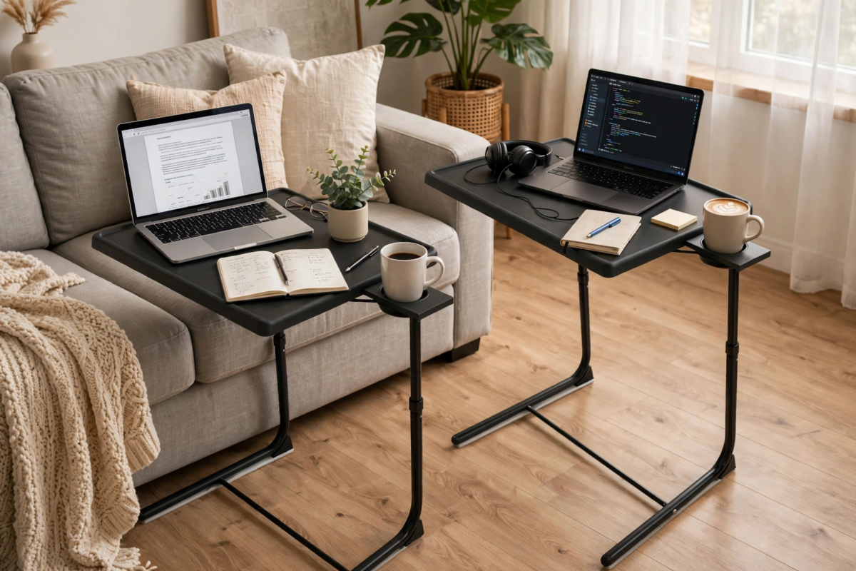 Big 2-Pack/ 1-Pack Adjustable Folding Table - TV Tray Table, 6 Adjustable Heights, 3 Tilt Angles, Suitable for Food Service Furniture And Restaurant Multifunctional Dining Table 12 2pcs upgrade Adjustable Folding Table set being used as laptop workstations in a modern living room next to a beige sofa