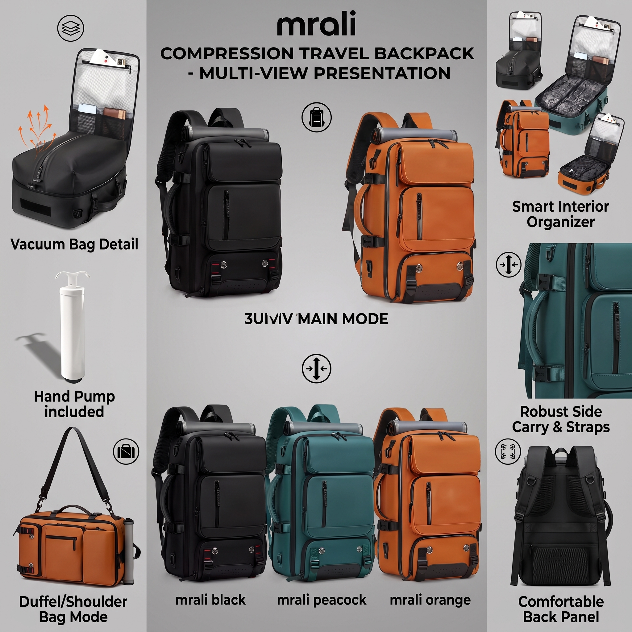 reliable Business Men'S Vacuum Compression Backpack | Multi-functional Shoulder/Handbag, Laptop Compartment, Includes Pump, Ideal for Camping, Hiking, Daily Commute, Foldable, Lightweight, Peacock 9 A large product presentation infographic for the mrali travel system highlighting the orange color Business Men'S Vacuum Compression Backpack alongside black and peacock variations.