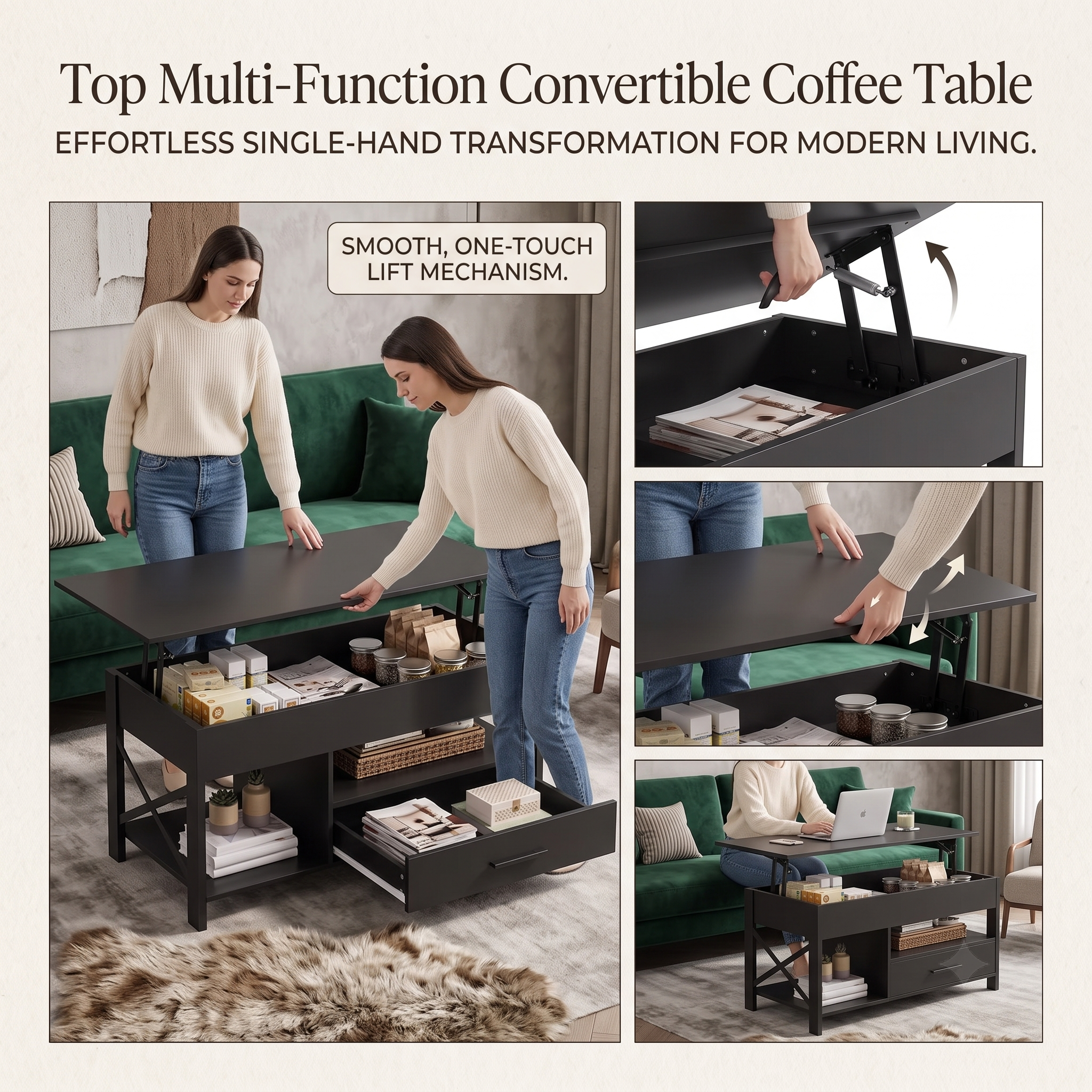 Coffee Table Lift Top, Multi-Function Convertible Coffee Table with Drawers and Hidden Compartment, Coffee Table Converts to Dining Table for Living Room, Home Office, Patio Furniture, outdoor furniture 22 A three-panel graphic layout featuring a black Top Multi-Function Convertible Coffee Table with the header text Top Multi-Function Convertible Coffee Table Versatile Design For Modern Living. The main left panel shows the table fully extended in a living room with a green velvet sofa, a faux fur rug, and a floral vase. The two smaller right panels provide close-up cutaways detailing the open inner storage bins packed with pantry boxes and a macro view of the sliding lower storage drawer.