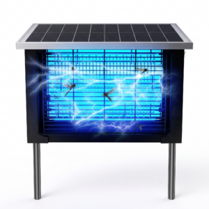 A clear, frontal studio photograph of the Powerful Large Solar Bug Zapper Outdoor on a white background. The full solar panel array is visible on top, and the blue internal UV light is brightly lit, with central electric zapping discharges actively catching flying insects across the grid. The unit is supported by two metal ground stakes.