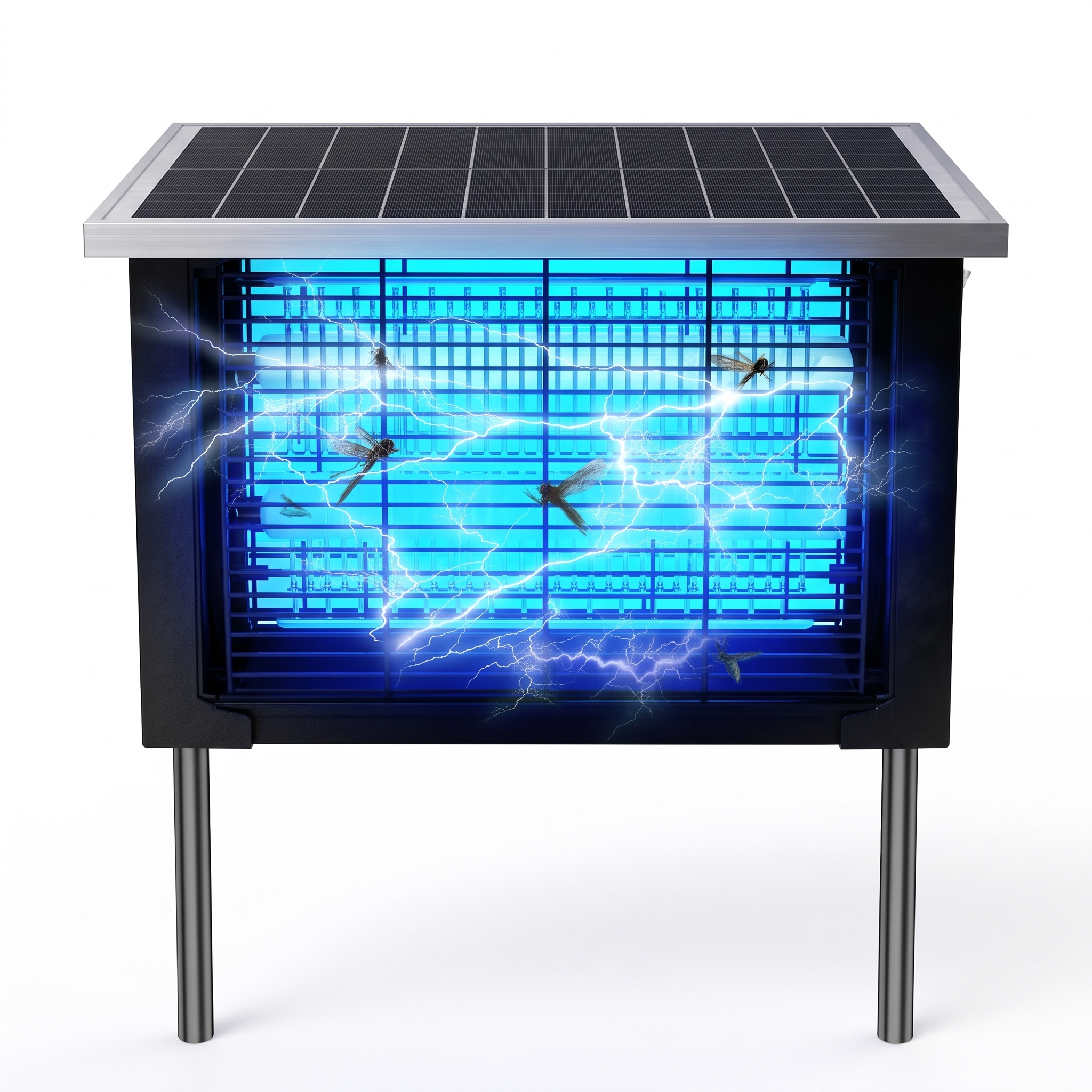 Powerful Large Solar Bug Zapper Outdoor for 2000Sq.ft, Poartable Rechargeable Mosquito Zapper with High Powered, Cordless Solar Fly Zapper for Patio Garden Backyard RV Camping Pond Pest Control 1 A clear, frontal studio photograph of the Powerful Large Solar Bug Zapper Outdoor on a white background. The full solar panel array is visible on top, and the blue internal UV light is brightly lit, with central electric zapping discharges actively catching flying insects across the grid. The unit is supported by two metal ground stakes.