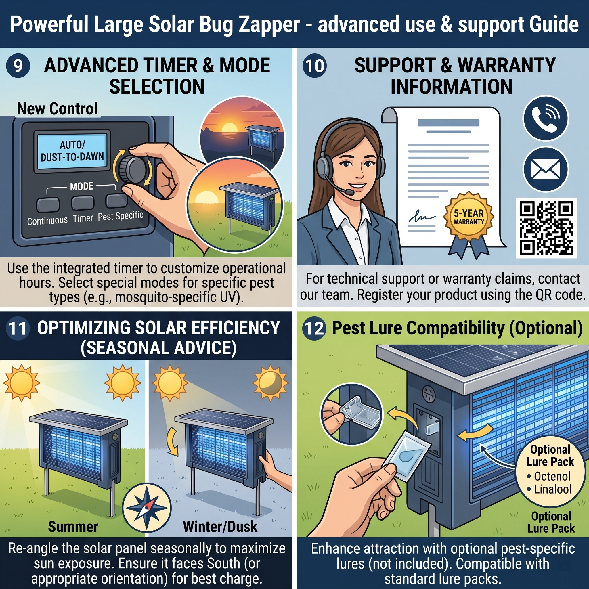 Powerful Large Solar Bug Zapper Outdoor for 2000Sq.ft, Poartable Rechargeable Mosquito Zapper with High Powered, Cordless Solar Fly Zapper for Patio Garden Backyard RV Camping Pond Pest Control 12 A detailed four-panel guide for the Powerful Large Solar Bug Zapper Outdoor, illustrating (9) Advanced timer and mode selection including Dusk-to-Dawn and Pest Specific settings, (10) Support and warranty information with a customer service agent, (11) Seasonal advice on re-angling the solar panel, and (12) Pest lure compatibility for enhanced attraction.