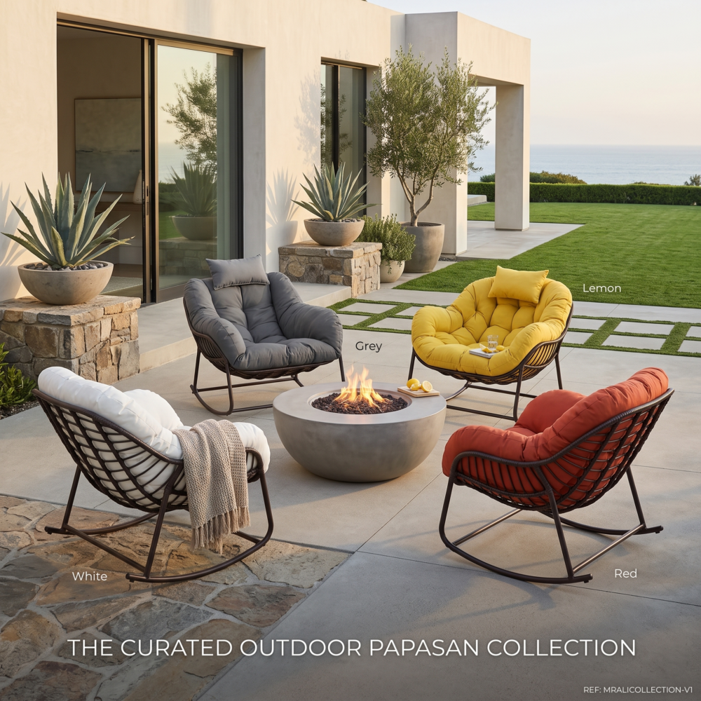 Four units of the Outdoor Papasan Rocking Chair in white grey lemon yellow and red color variations arranged symmetrically around a blazing concrete fire pit bowl on a luxury stone patio looking out at an ocean landscape.