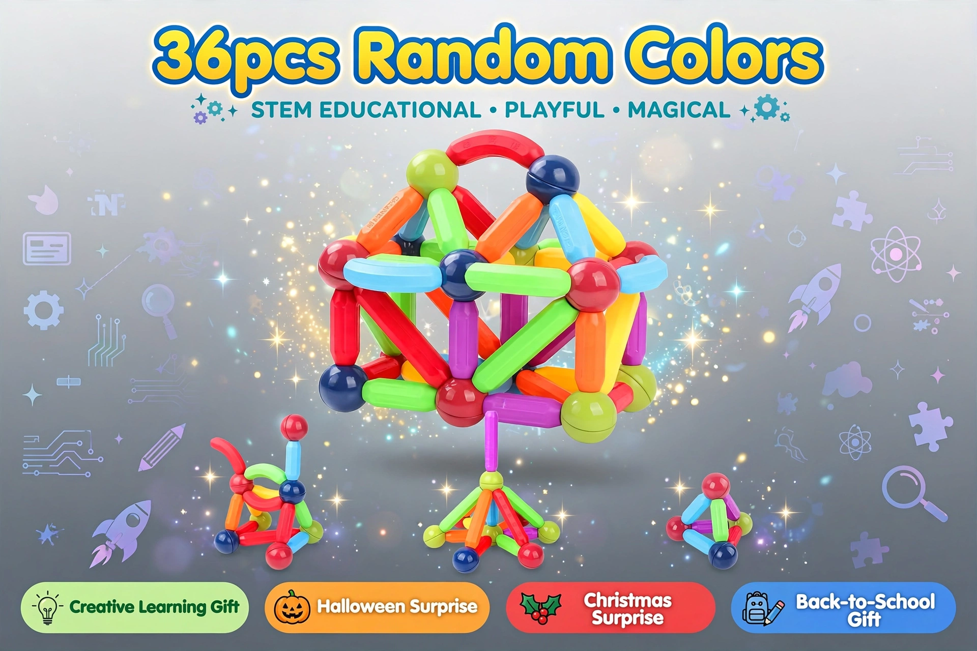 Kids Magnetic Building Blocks STEM Educational Toy for Ages 3 And Up, Enhances Hands-On Skills, Creativity, And Focus – Perfect Creative Learning Gift/Halloween Surprise/Christmas Surprise/Back-To-School Gift 11 A magical and sparkling display featuring a large structure and smaller figures built with 36pcs Kids Magnetic Building Blocks, complete with holiday gift labels at the bottom.