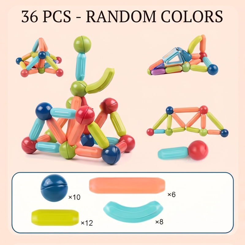 Kids Magnetic Building Blocks STEM Educational Toy for Ages 3 And Up, Enhances Hands-On Skills, Creativity, And Focus – Perfect Creative Learning Gift/Halloween Surprise/Christmas Surprise/Back-To-School Gift 3 Front view showcase of a 36pcs Kids Magnetic Building Blocks set displaying multiple built models and a clear piece-count breakdown box.