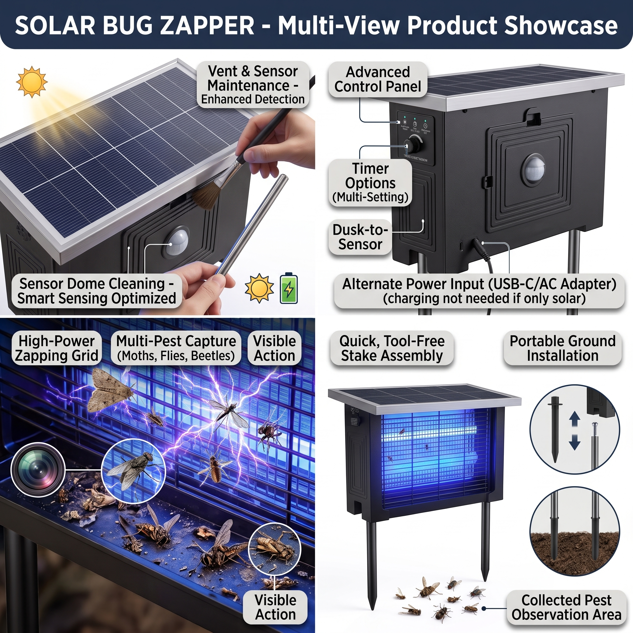 Powerful Large Solar Bug Zapper Outdoor for 2000Sq.ft, Poartable Rechargeable Mosquito Zapper with High Powered, Cordless Solar Fly Zapper for Patio Garden Backyard RV Camping Pond Pest Control 6 A 4-panel product infographic detailing the technical features of the Powerful Large Solar Bug Zapper Outdoor. Panels show a hand cleaning the solar panel with a brush, a close-up diagram of the back control panel with alternate USB-C power options, a macro view of captured insects on the high-power grid, and a wide shot of the unit operating near an outdoor patio dining area at dusk.
