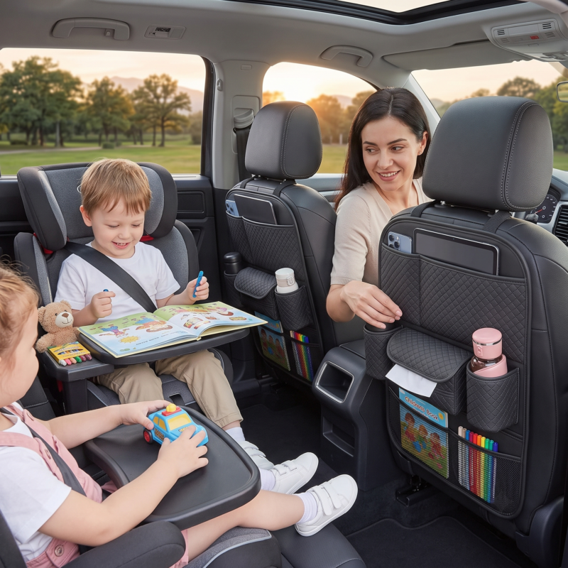 1pc Front and Rear Car Seat Back Organizer with Two Cup Holders, Car Tissue Box, and Multi-functional Storage, Convenient Rear Row Storage, PU Leather, Kick-Proof, Easy to Clean 3 A detailed illustration of the Front and Rear Car Seat Back Organizer installation process, showing the adjustable top and bottom straps, quick-release buckles, and the organizer fully installed with bottles, phone, and tablet.