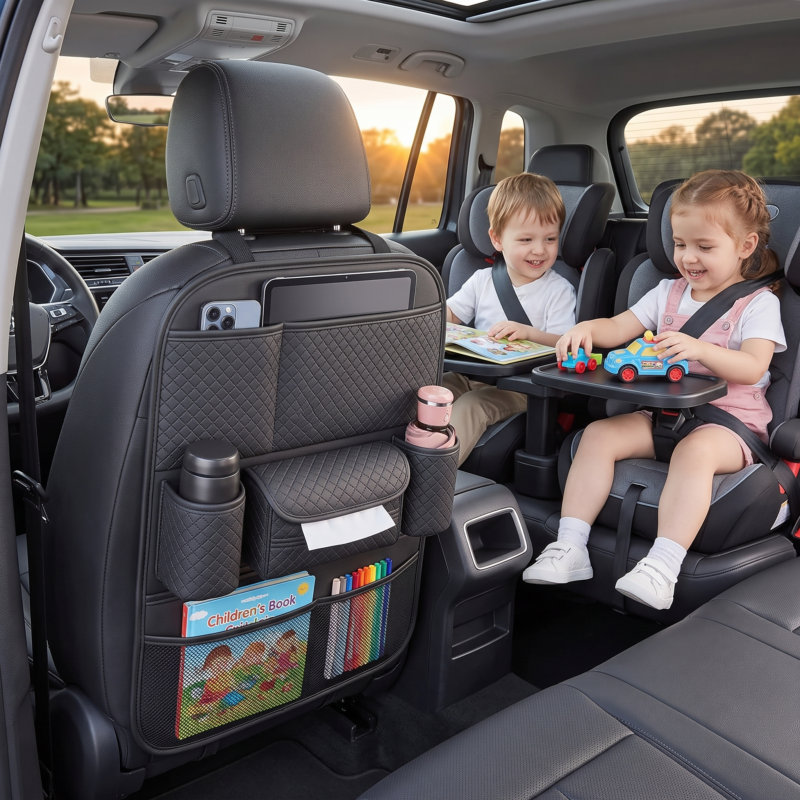 1pc Front and Rear Car Seat Back Organizer with Two Cup Holders, Car Tissue Box, and Multi-functional Storage, Convenient Rear Row Storage, PU Leather, Kick-Proof, Easy to Clean 2 A close-up view of a black, diamond-patterned PU leather front and rear car seat back organizer, neatly holding two thermos bottles, a tissue box, a notebook, and pens in its multi-functional pockets.