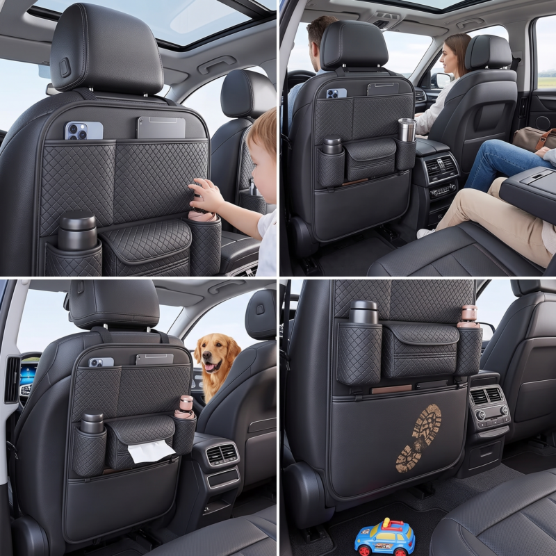 1pc Front and Rear Car Seat Back Organizer with Two Cup Holders, Car Tissue Box, and Multi-functional Storage, Convenient Rear Row Storage, PU Leather, Kick-Proof, Easy to Clean 4 A four-panel photo grid demonstrating practical uses of the Front and Rear Car Seat Back Organizer, including a child's hand reaching, a pet in the background, a tissue box in use, and a comparison with a footprint on a kick-proof surface.