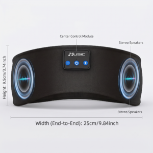 A precise front view of the Wireless Sleep Headphones Headband in black fabric, detailing the center control module with blue illuminated buttons and graphic indicators for the built-in stereo speakers on both sides.