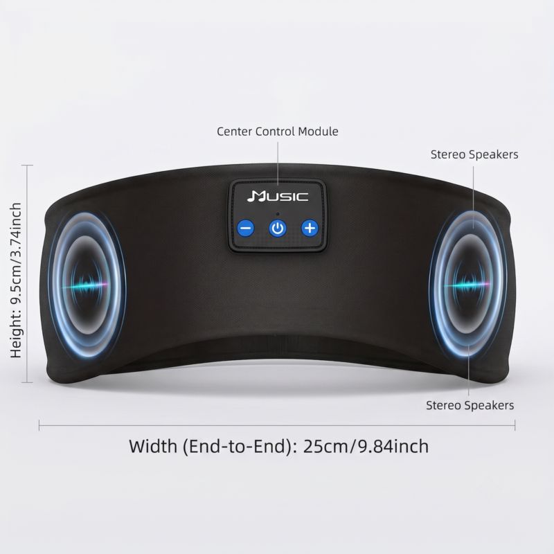 A precise front view of the Wireless Sleep Headphones Headband in black fabric, detailing the center control module with blue illuminated buttons and graphic indicators for the built-in stereo speakers on both sides.