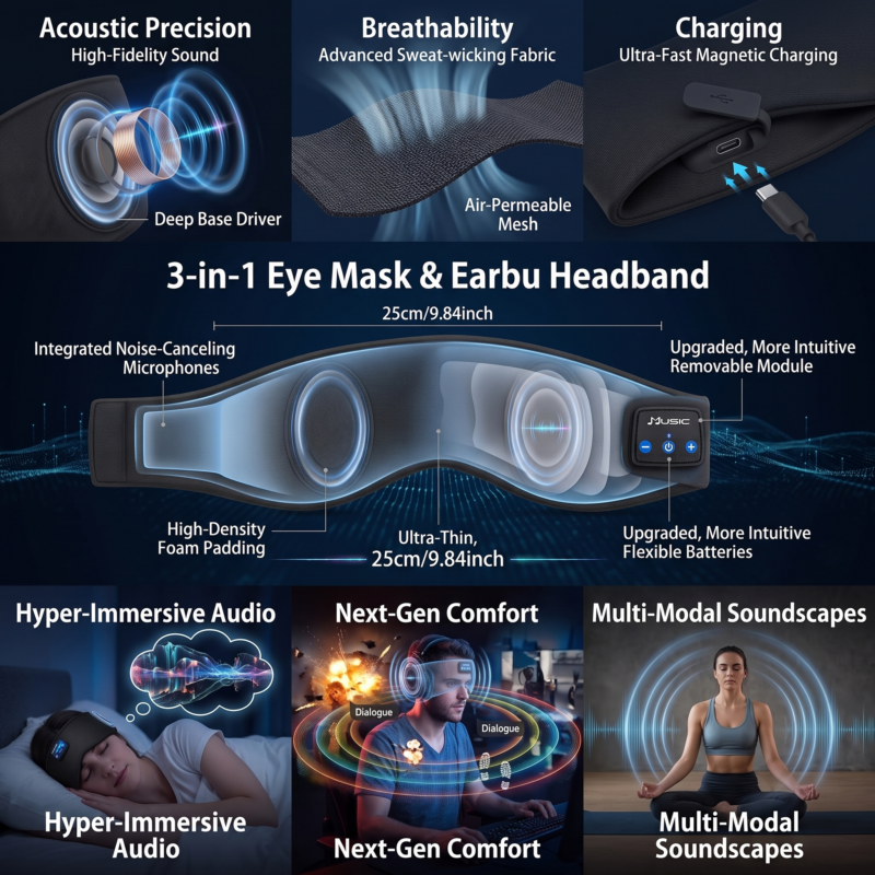 exclusive 1pc Powerway Wireless Sleep Headphones Headband with 3-in-1 Eye Mask & Earbuds - Wireless, Noise Isolation, USB- Charging, Sweatproof Headphones Suitable for Exercise, Gaming,, USB- for Smartphones (No Charger Included) 4 A detailed infographic of the black fabric Wireless Sleep Headphones Headband broken into an exploded-view diagram showing internal components and lifestyle panels. The central diagram lists features like 'Deep Base Driver', 'Air-Permeable Mesh', and 'Removable Module'. Three lifestyle panels below depict the product in use: 'Hyper-Immersive Audio' with a sleeper, 'Next-Gen Comfort' with a gamer, and 'Multi-Modal Soundscapes' with a meditator. The main title reads '3-in-1 Eye Mask & Earbud Headband'.