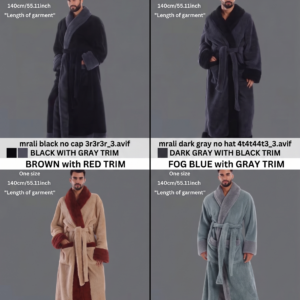 A composite product image displaying the Premium Winter Fleece Robe Collection for Men. Four separate panels show male models wearing a heavy fleece Men’s Warm Robe Bathrobe with contrasting trim. Pictured color combinations are BLACK with GRAY TRIM, DARK GRAY with BLACK TRIM, BROWN with RED TRIM, and FOG BLUE with GRAY TRIM. All robes feature a tie waist and deep pockets. Size data for 'One size' with a 140cm or 55.11 inch 'Length of garment' is present. Color swatch boxes are provided with color names for each option. The background is a solid dark gray.
