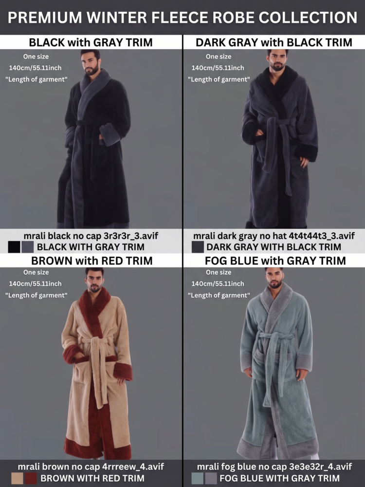 A composite product image displaying the Premium Winter Fleece Robe Collection for Men. Four separate panels show male models wearing a heavy fleece Men’s Warm Robe Bathrobe with contrasting trim. Pictured color combinations are BLACK with GRAY TRIM, DARK GRAY with BLACK TRIM, BROWN with RED TRIM, and FOG BLUE with GRAY TRIM. All robes feature a tie waist and deep pockets. Size data for 'One size' with a 140cm or 55.11 inch 'Length of garment' is present. Color swatch boxes are provided with color names for each option. The background is a solid dark gray.