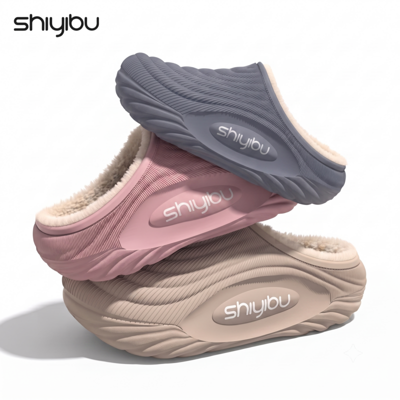 A stylish stack of three Shiyibu EVA Fashion Slippers in Gravel Card, Grey, and Pink colors, showcasing their premium plush lining and modern design.EVA Fashion Slippers Fashionable EVA Slippers
