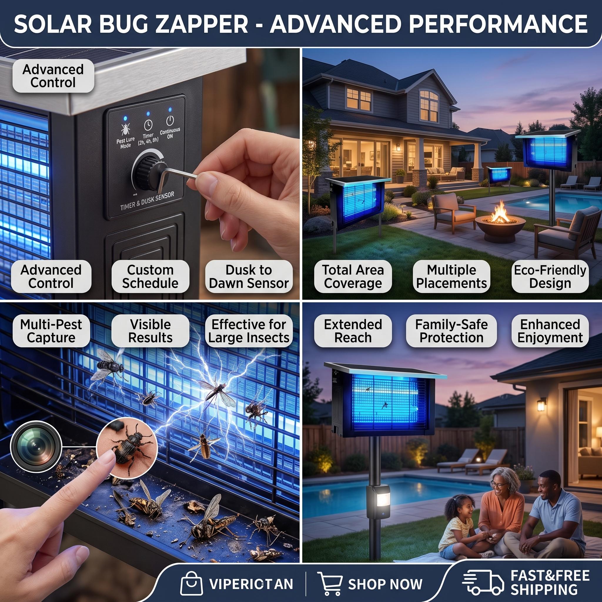 Powerful Large Solar Bug Zapper Outdoor for 2000Sq.ft, Poartable Rechargeable Mosquito Zapper with High Powered, Cordless Solar Fly Zapper for Patio Garden Backyard RV Camping Pond Pest Control 2 A 4-panel infographic detailing the features of a powerful large solar bug zapper outdoor. It shows a hand using the control panel, a wide backyard with multiple zappers, a macro view of insects being zapped, and a family safe by the pool.