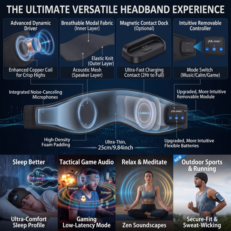 exclusive 1pc Powerway Wireless Sleep Headphones Headband with 3-in-1 Eye Mask & Earbuds - Wireless, Noise Isolation, USB- Charging, Sweatproof Headphones Suitable for Exercise, Gaming,, USB- for Smartphones (No Charger Included) 5 A detailed product infographic collage with multiple panels showcasing the versatile black Wireless Sleep Headphones Headband. Panels show internal components, a removable controller module, flexible batteries, and an ultra thin driver with dynamic copper coils. An exploded central view details high density foam padding, noise canceling microphones, and dimensions. Four application panels below illustrate hyper immersive sleep audio with sound visualization, directional gaming audio with dialogue boxes, zen spatial soundscapes for meditation, and a secure fit design for outdoor sports.