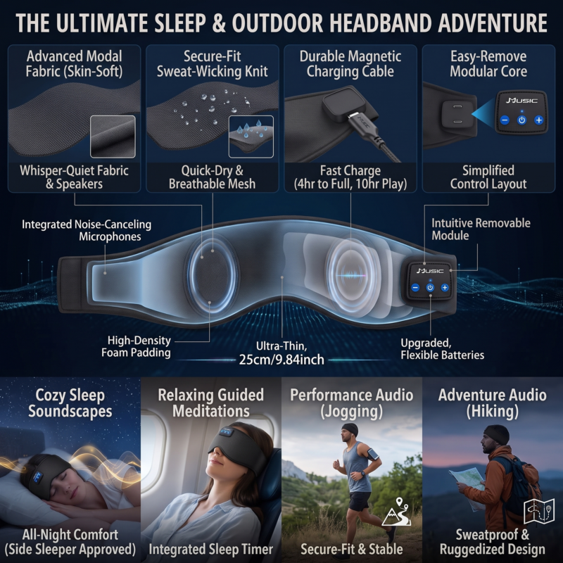 exclusive 1pc Powerway Wireless Sleep Headphones Headband with 3-in-1 Eye Mask & Earbuds - Wireless, Noise Isolation, USB- Charging, Sweatproof Headphones Suitable for Exercise, Gaming,, USB- for Smartphones (No Charger Included) 6 collage with multiple panels focusing on the sleep and outdoor adventure features of the black Wireless Sleep Headphones Headband. Panels detail skin soft modal fabric, a secure fit sweat wicking knit, durable magnetic charging, and an easy remove simplified modular core. A central cutaway view maps internal components like noise canceling microphones, padding, and flexible batteries. The bottom grid illustrates four applications: cozy sleep soundscapes approved for side sleepers, guided meditations with travel integration, stable performance audio for jogging, and sweatproof ruggedized audio for hiking. A 10 hour play time and 25cm long dimension are highlighted.