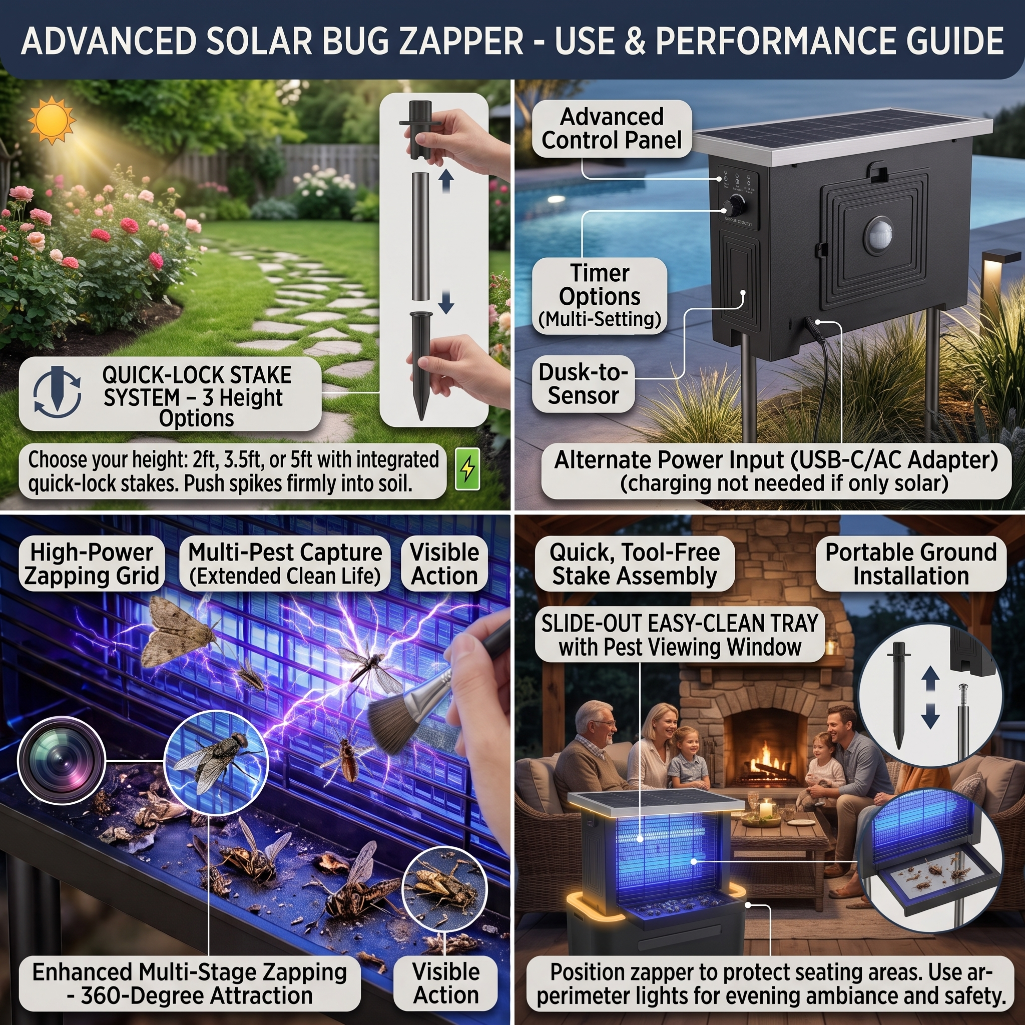Powerful Large Solar Bug Zapper Outdoor for 2000Sq.ft, Poartable Rechargeable Mosquito Zapper with High Powered, Cordless Solar Fly Zapper for Patio Garden Backyard RV Camping Pond Pest Control 7 Infographic showcasing the features of the Powerful Large Solar Bug Zapper Outdoor, including a sensor dome cleaning demonstration, an advanced control panel near a pool, an active high-power zapping grid catching insects, and a family enjoying a patio dinner with the zapper installed in the background.