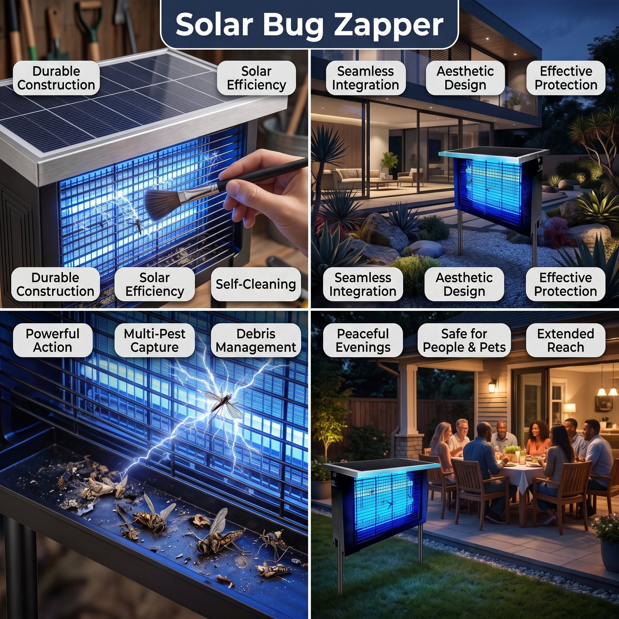 Powerful Large Solar Bug Zapper Outdoor for 2000Sq.ft, Poartable Rechargeable Mosquito Zapper with High Powered, Cordless Solar Fly Zapper for Patio Garden Backyard RV Camping Pond Pest Control 9 An infographic for the powerful large solar bug zapper outdoor. Four panels show a hand brushing the zapper frame, a zapper outside a modern home, a macro view of the internal zapping action on a large fly, and a family enjoying an insect-free dinner.
