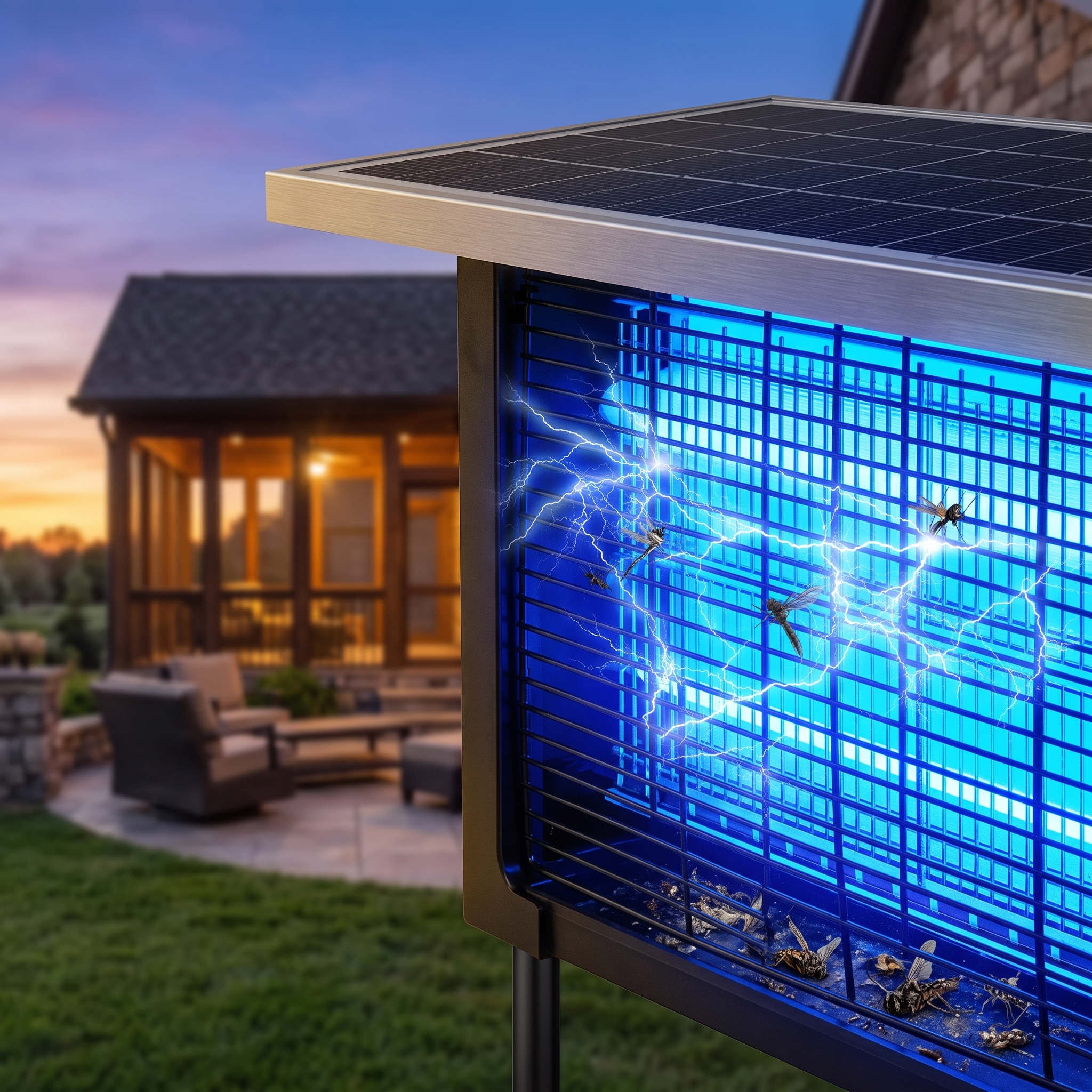 Powerful Large Solar Bug Zapper Outdoor for 2000Sq.ft, Poartable Rechargeable Mosquito Zapper with High Powered, Cordless Solar Fly Zapper for Patio Garden Backyard RV Camping Pond Pest Control 10 A dramatic close-up and dynamic view of a powerful large solar bug zapper outdoor at twilight. The unit is sharply in focus, with the bright blue UV grid actively zapping multiple insects, frozen mid-air. In the blurred background, a cozy screen house is visible.