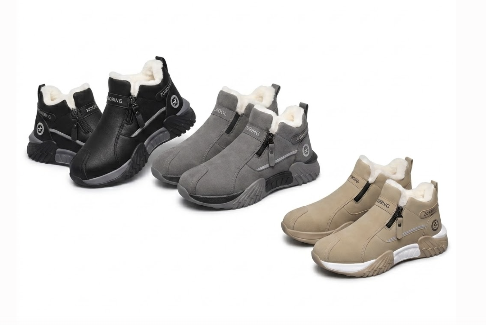 Winter Men'S Thermal Insulated Fleece-Lined Snow Boots - Comfortable, Breathable, And Stylish Hiking Shoes, Short Men'S Boots Suitable for Hiking, Hunting, Work Commuting, And Casual Wear, Winter Boots, Outdoor Footwear - Available in Black/Gray/Kha 16 A detailed e-commerce infographic for insulated fleece-lined snow boots showcasing black leather, grey suede, and khaki suede variations alongside close-ups of a tan rubber outsole tread, side zippers, plush lining text, and a circular deer emblem logo.